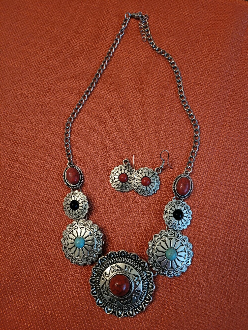 Boho Silver-Tone Necklace and Earrings Set with Red and Turquoise Accents